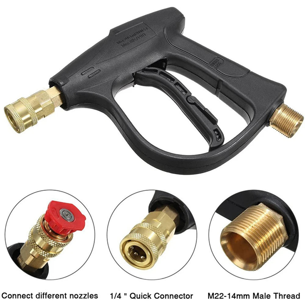 High pressure washer gun with a black handle and various threaded nozzles for cleaning.