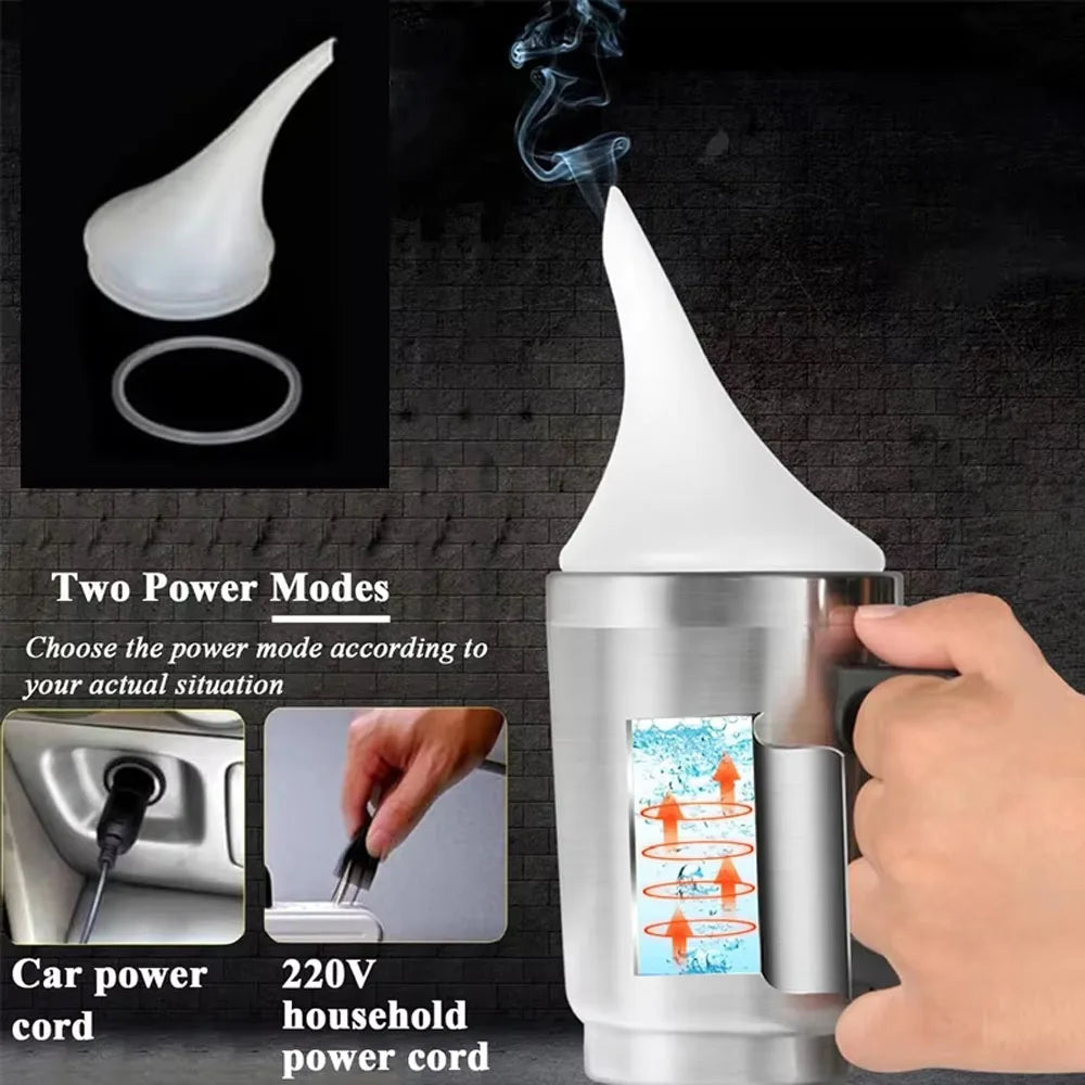A silver handheld device for car power cord and a white glass-like product with smoke rising.