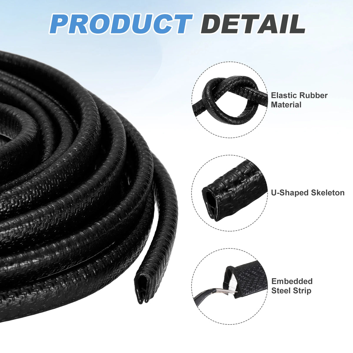 Un rollo de material de caucho elástico negro mostrando sus componentes: material elástico, esqueleto en forma de U y S incru