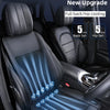 A black car seat cushion with blue light emanating from vents, featuring ten large silent fans for cooling.