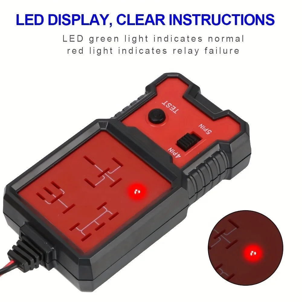 Tragbares LED-Relaisprüfgerät mit roter Anzeige und Teststifte, das eine rote Leuchte zur Relaisfehlfunktion anzeigt.
