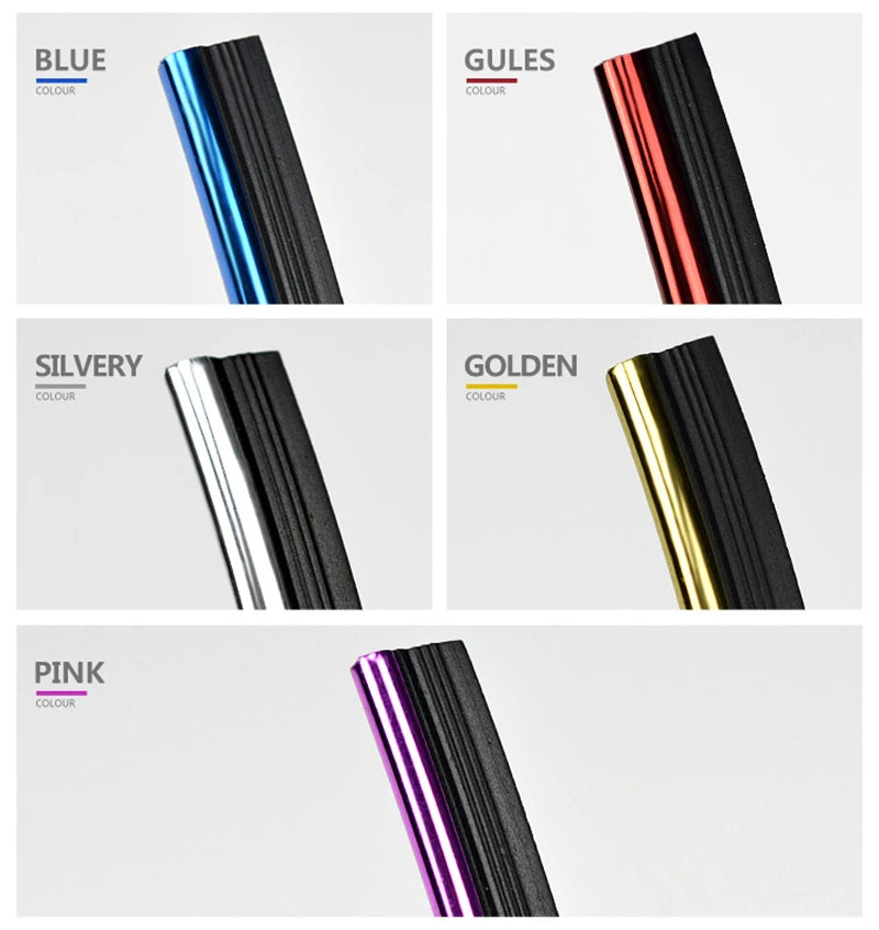 A collection of black molding trim strips in various colors including blue, gules, silvery, golden, and pink.