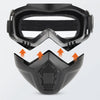 A pair of black retro motorcycle anti-fog goggles shown with an attached face mask.