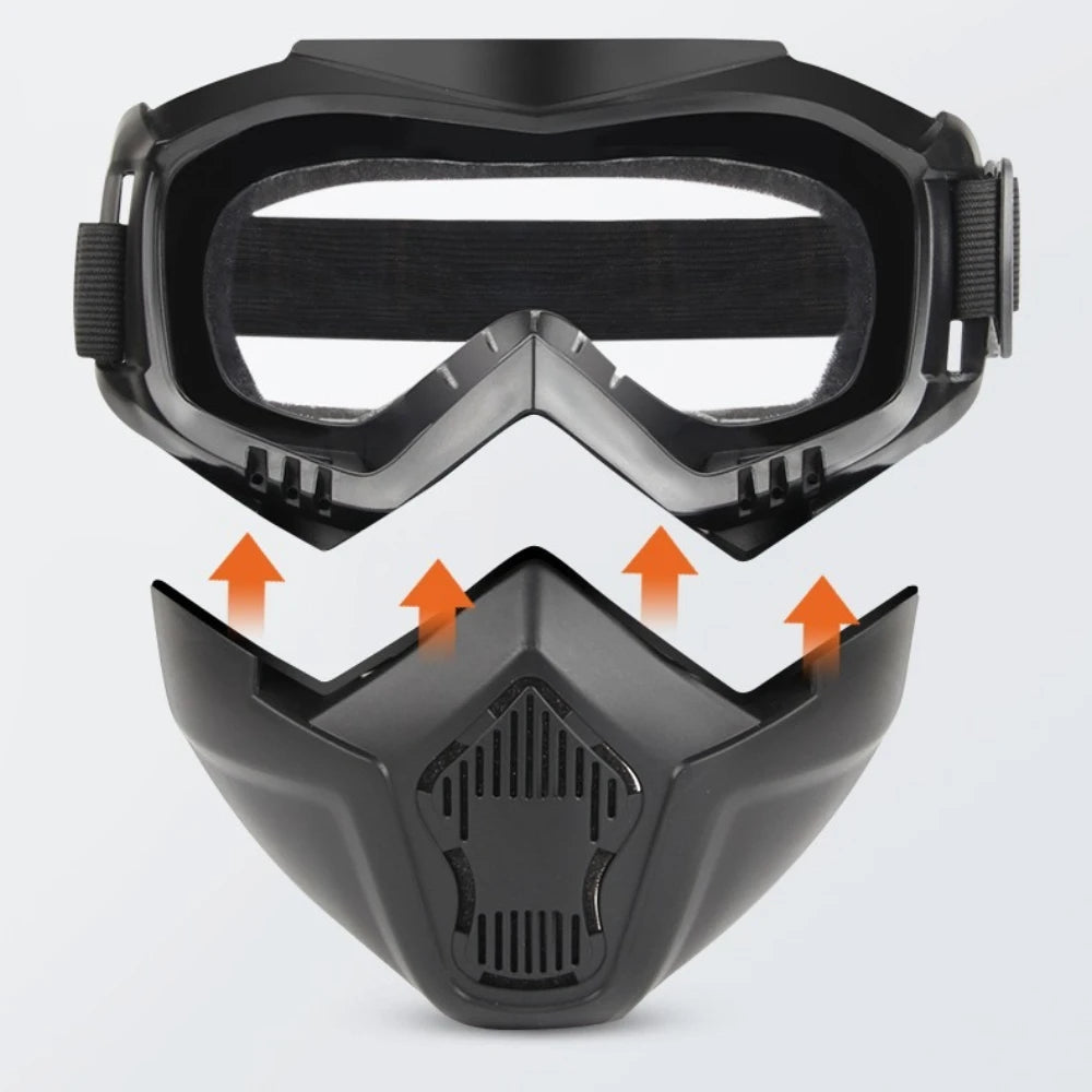 A pair of black retro motorcycle anti-fog goggles shown with an attached face mask.