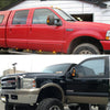 Gros plan d'un pick-up Ford Super Duty rouge montrant les feux indicateurs de marquage des rétroviseurs latéraux en LED ambre
