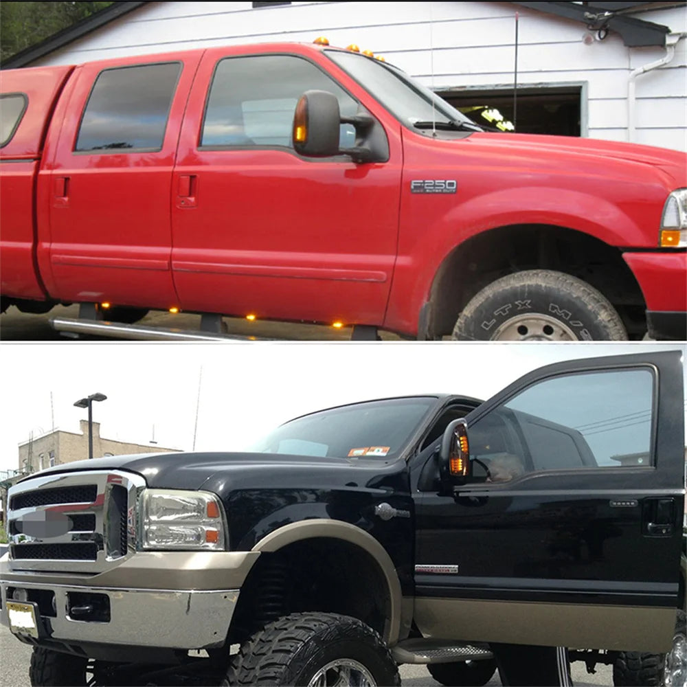 Gros plan d'un pick-up Ford Super Duty rouge montrant les feux indicateurs de marquage des rétroviseurs latéraux en LED ambre
