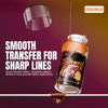 Orange transfer gel bottle and a clear silicone template demonstrating a smooth transfer for sharp lines.