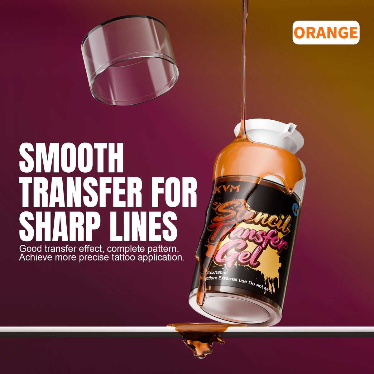 Orange transfer gel bottle and a clear silicone template demonstrating a smooth transfer for sharp lines.