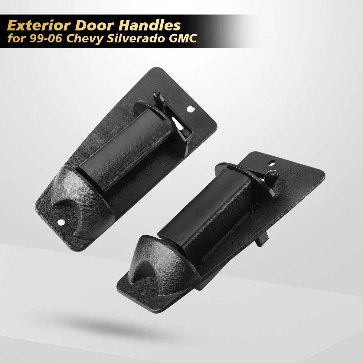 A pair of black exterior door handles for a 1999-2006 Chevy Silverado GMC truck.