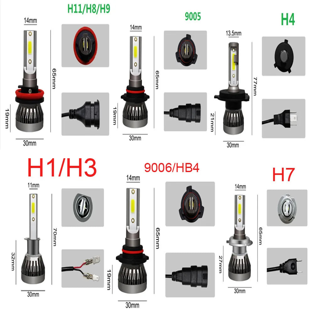 Verschiedene Hochleistungs-LED-Auto-Scheinwerferlampen (H1/H3, H8/H9, H4, H7) mit Zubehör.