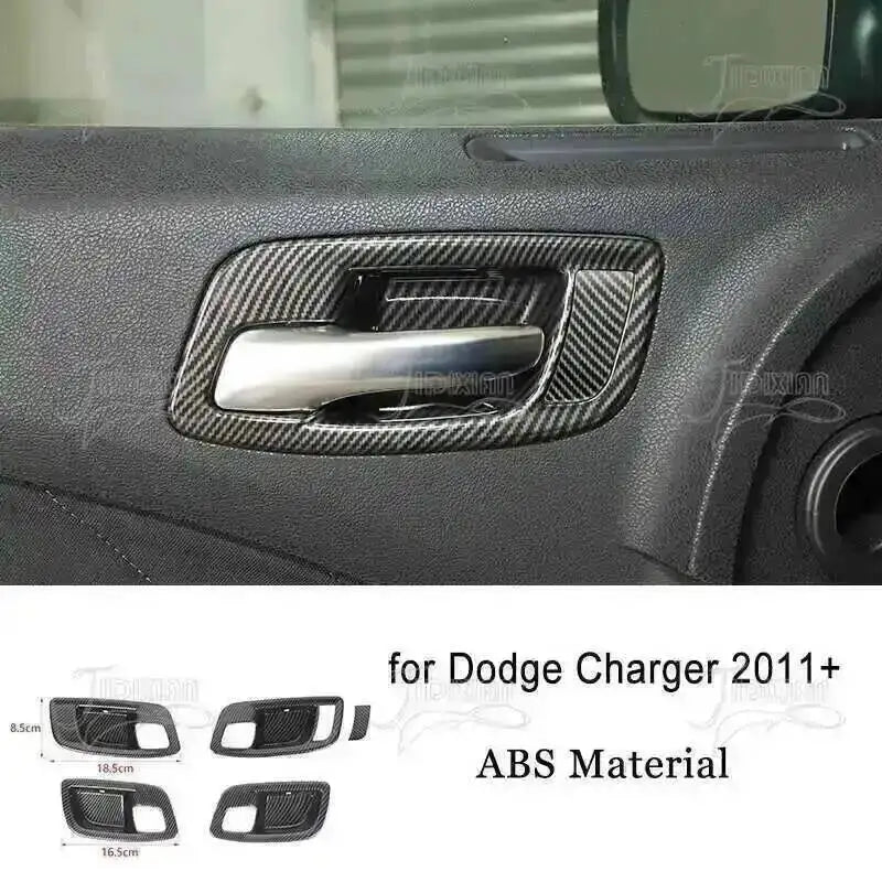 Carbon fiber trim pieces for Dodge Charger interior door panel, made of ABS material.