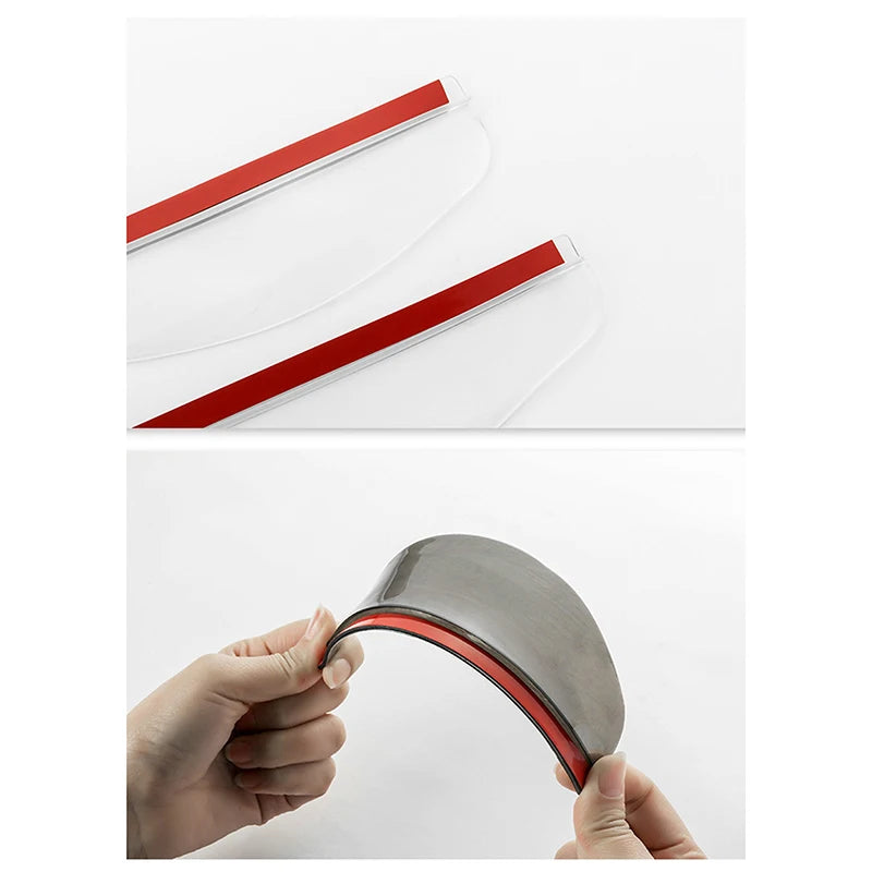 Two universal car rearview mirror rain and dust visors shown in a close-up view.