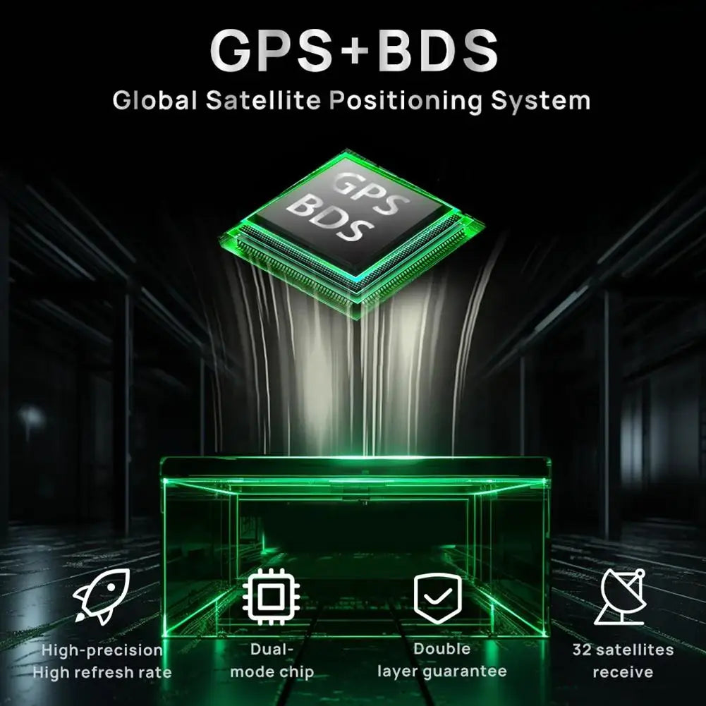 A green GPS+BDS module is displayed on a transparent box, highlighting features like high-precision and multi-satellite recep