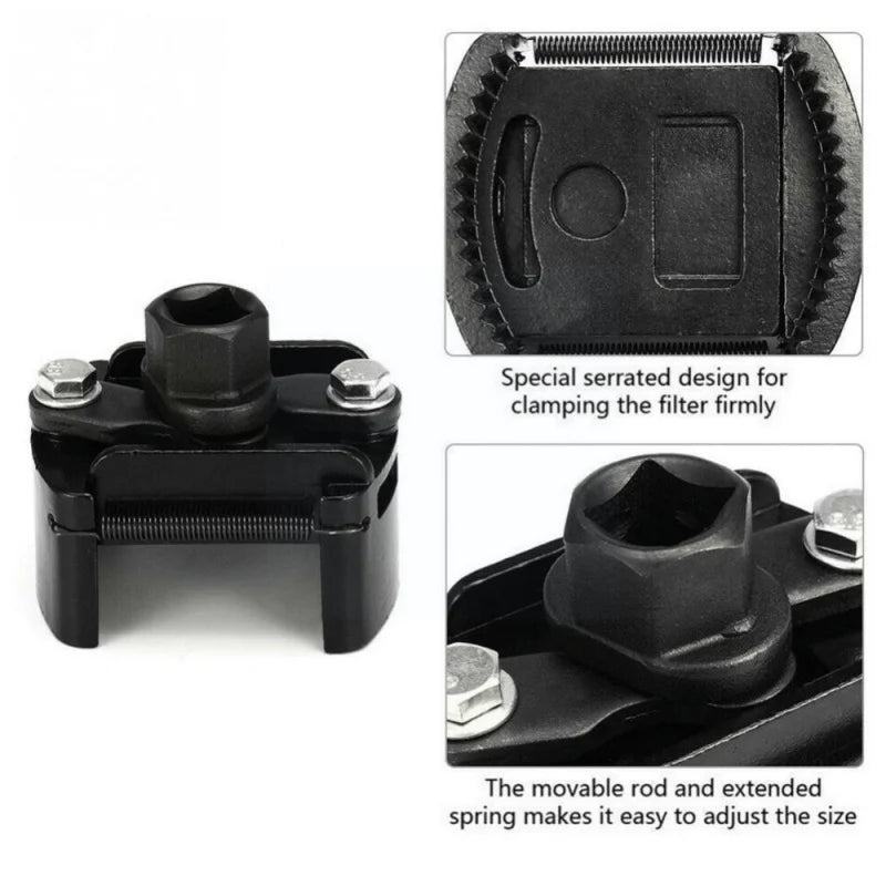 A black adjustable oil filter wrench featuring a special serrated design and a movable rod for easy size adjustment.
