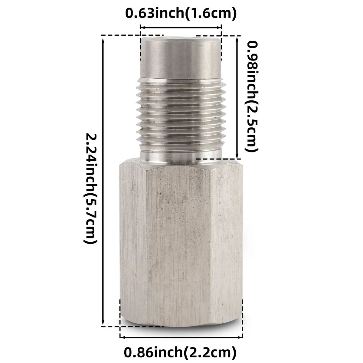 A silver metal sensor with a threaded top and a hexagonal body, measuring 2.24 inches in length.