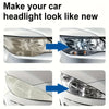 Before and after comparison showing a car headlight restoration spray making the headlight look new.