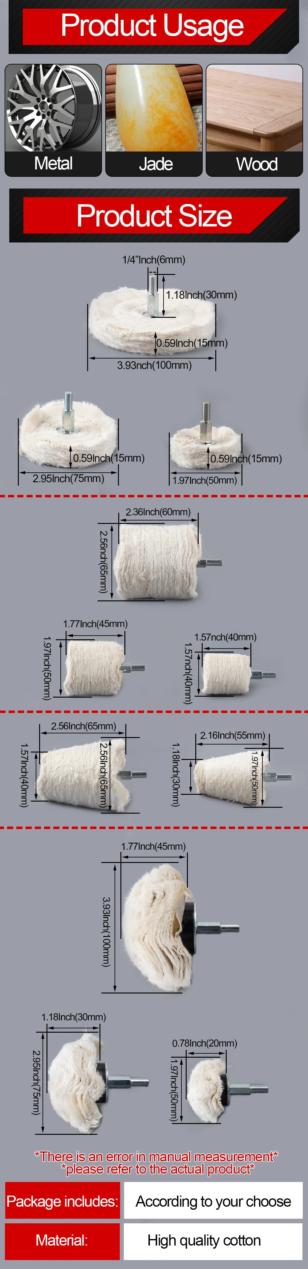 Various sizes of 1/4 inch polishing wheels made from high quality cotton for jewelry and metalwork