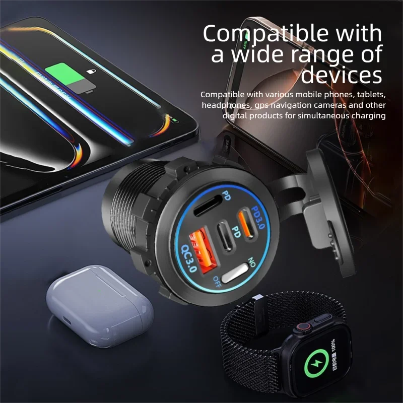 A multi-port PD/QC car charger adapter is shown with various cables and accessories on a dark background.