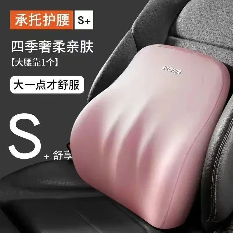 Pink ergonomic car headrest cushion with S support for neck and shoulder comfort