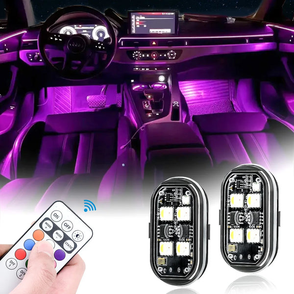 A set of multi-color car ambient interior lights and a remote control are shown next to a car dashboard interior.