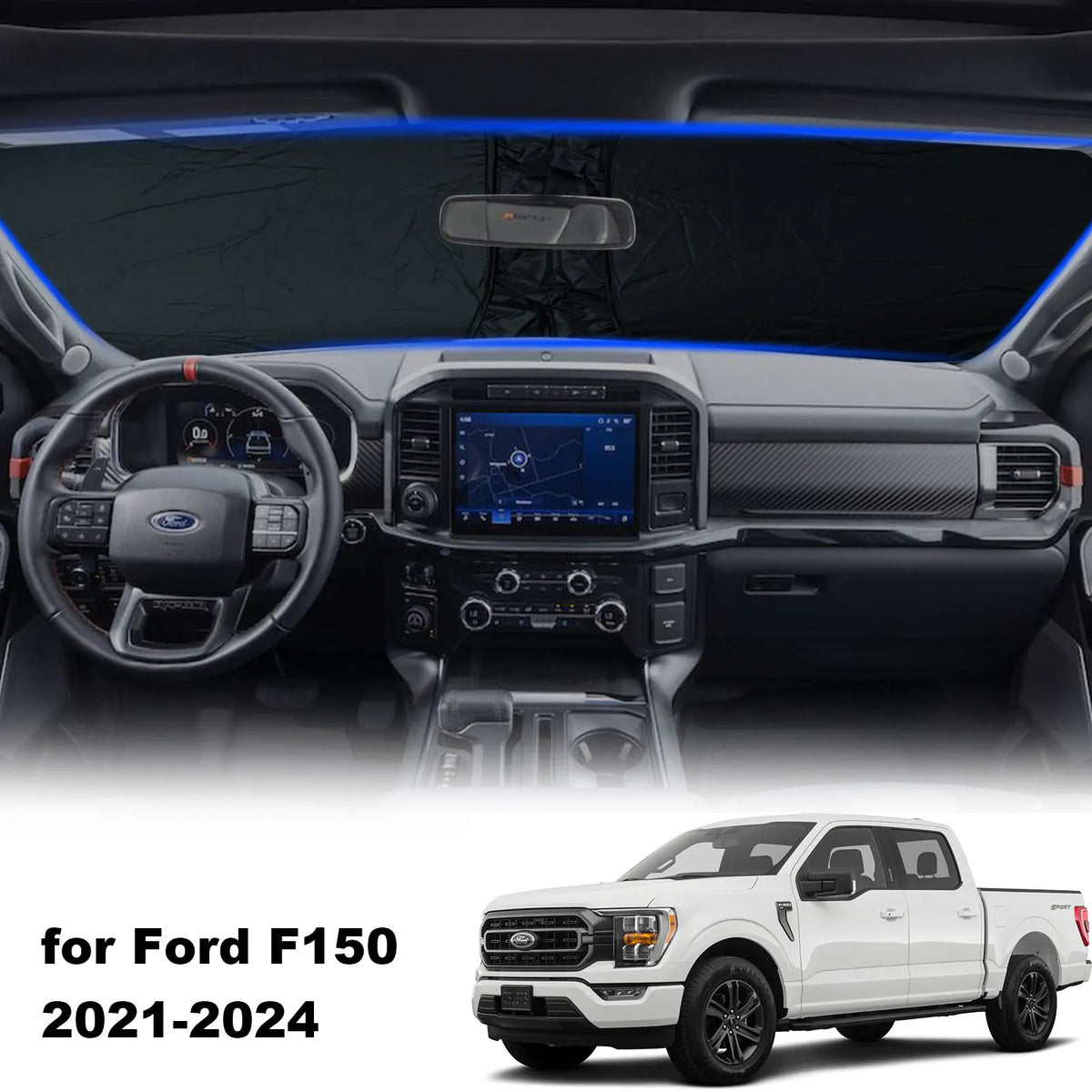 Interior view of a Ford F150 showing the steering wheel and dashboard with an UV protection windshield sunshade installed.