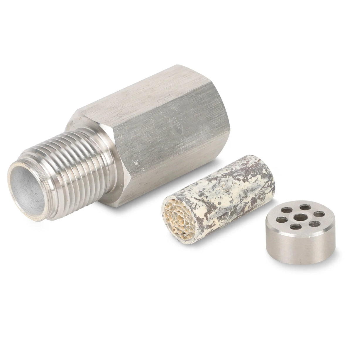 A silver metal mini oxygen catalyst sensor with a threaded end and a cylindrical component.