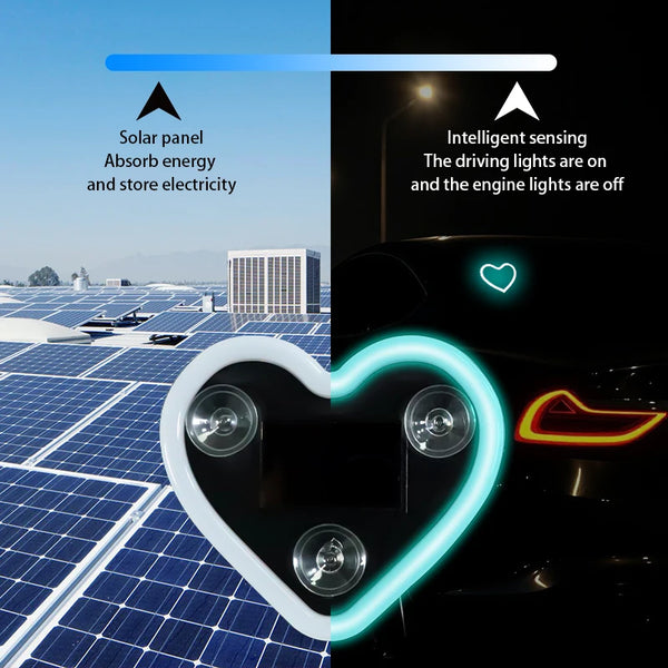 A heart-shaped neon decoration for a car, showing intelligent sensing features and solar panel energy.