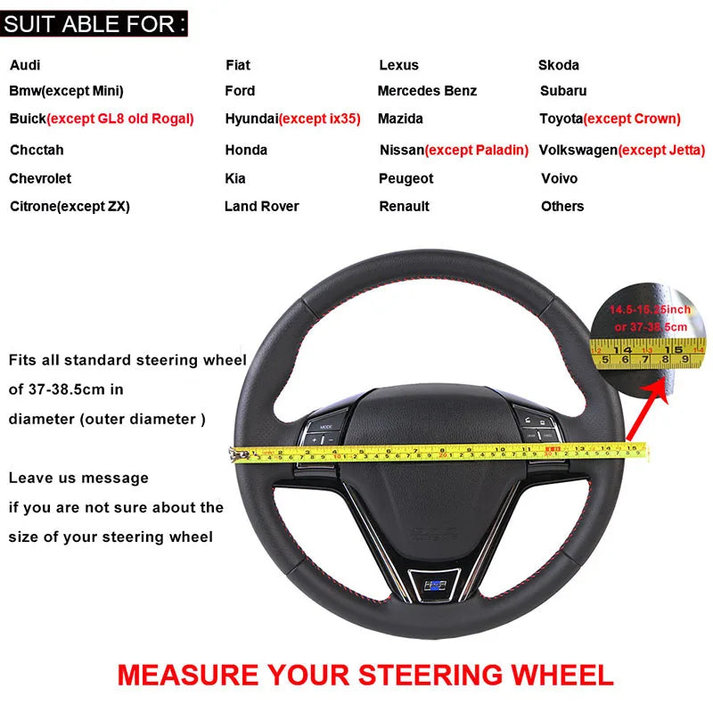 A black universal car steering wheel cover with a leather-wrapped rim and a central grip, shown for measuring compatibility.