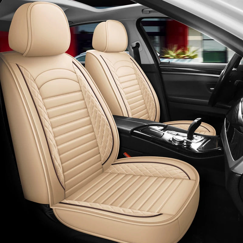 A beige universal PU leather car seat cushion shown inside a car interior.