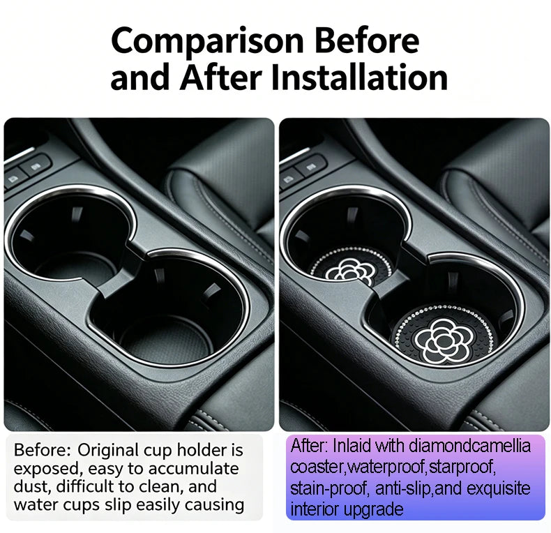 Comparison of a car cup holder before and after installation showing an interior upgrade.