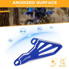 Blue anodized aluminum front sprocket cover for dirt bikes, showing anti-rust and anti-corrosion features.
