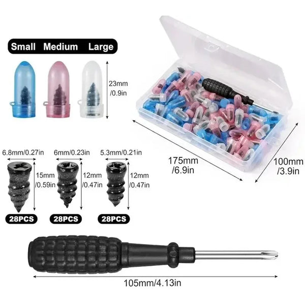 Kit universal de reparación de neumáticos con diferentes tamaños de tapones y una herramienta roscada.