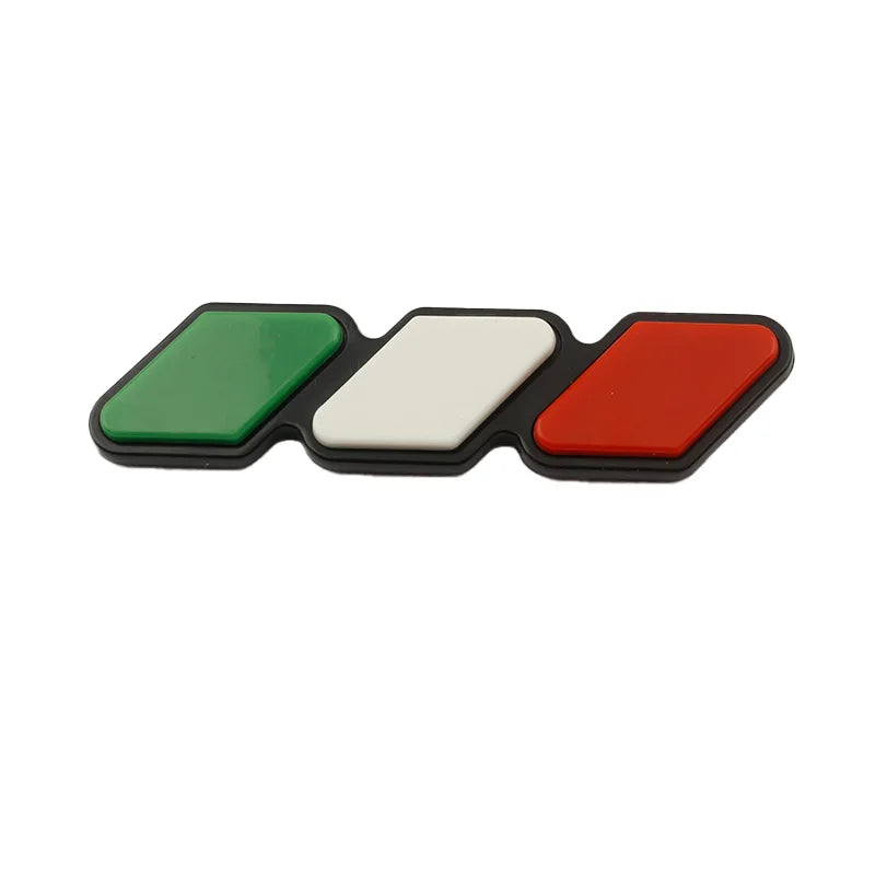 Three rectangular decals in green, white, and red arranged side by side.