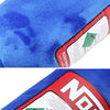 A close-up view of a blue and red nitrous oxide bottle car neck and lumbar pillow set.