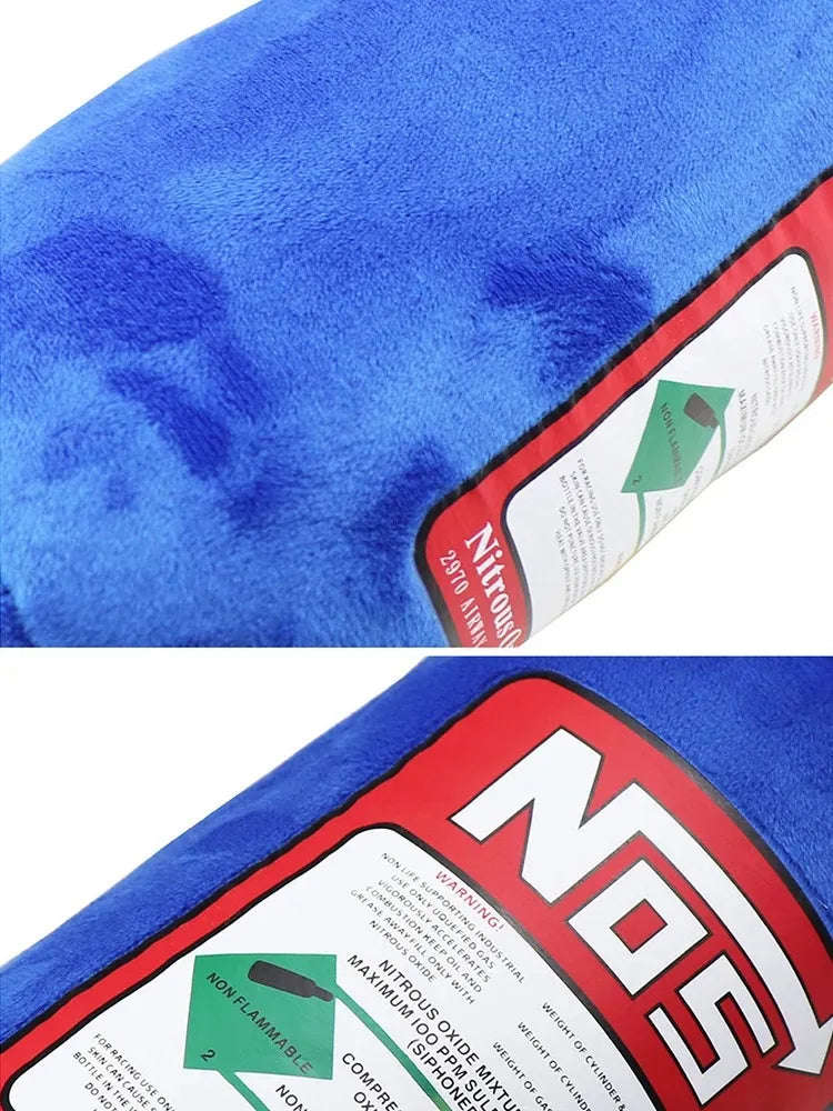 A close-up view of a blue and red nitrous oxide bottle car neck and lumbar pillow set.