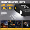 A black multipurpose LED light device is shown with various usage scenarios like outdoor camping, roadside emergency, power f