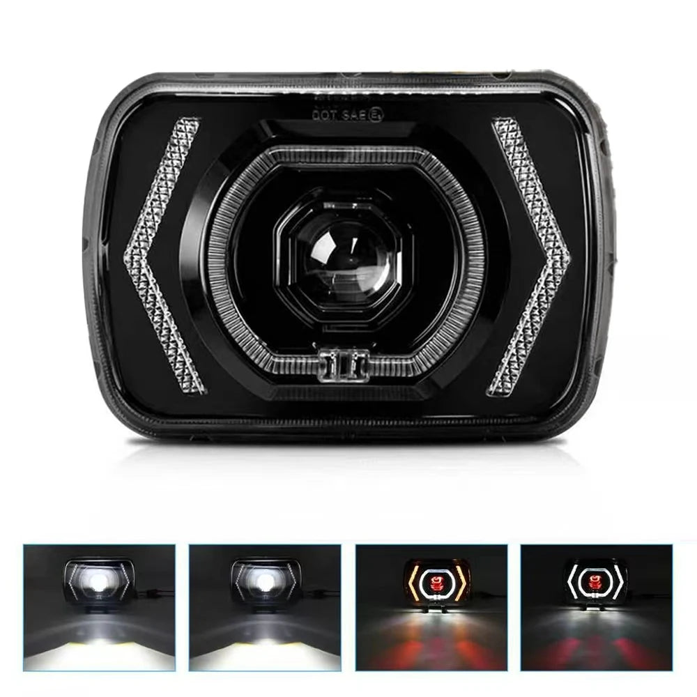 A black square LED headlight assembly with an integrated turn signal and clear lens.