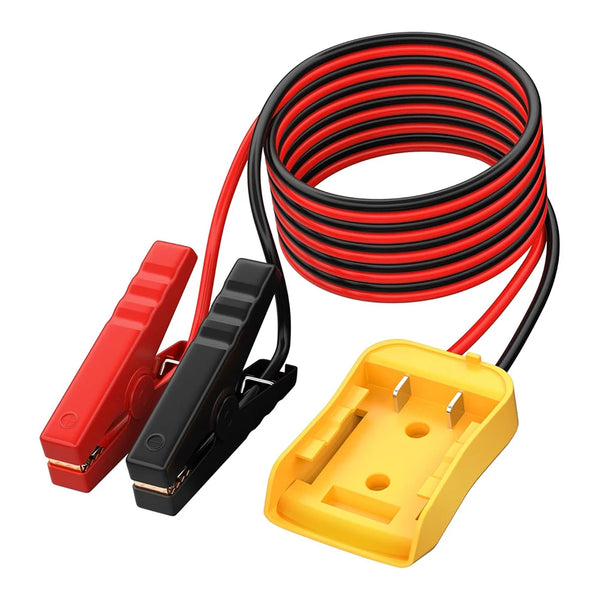 A coiled red and black jump starter cable with a yellow connector for 18V tools.