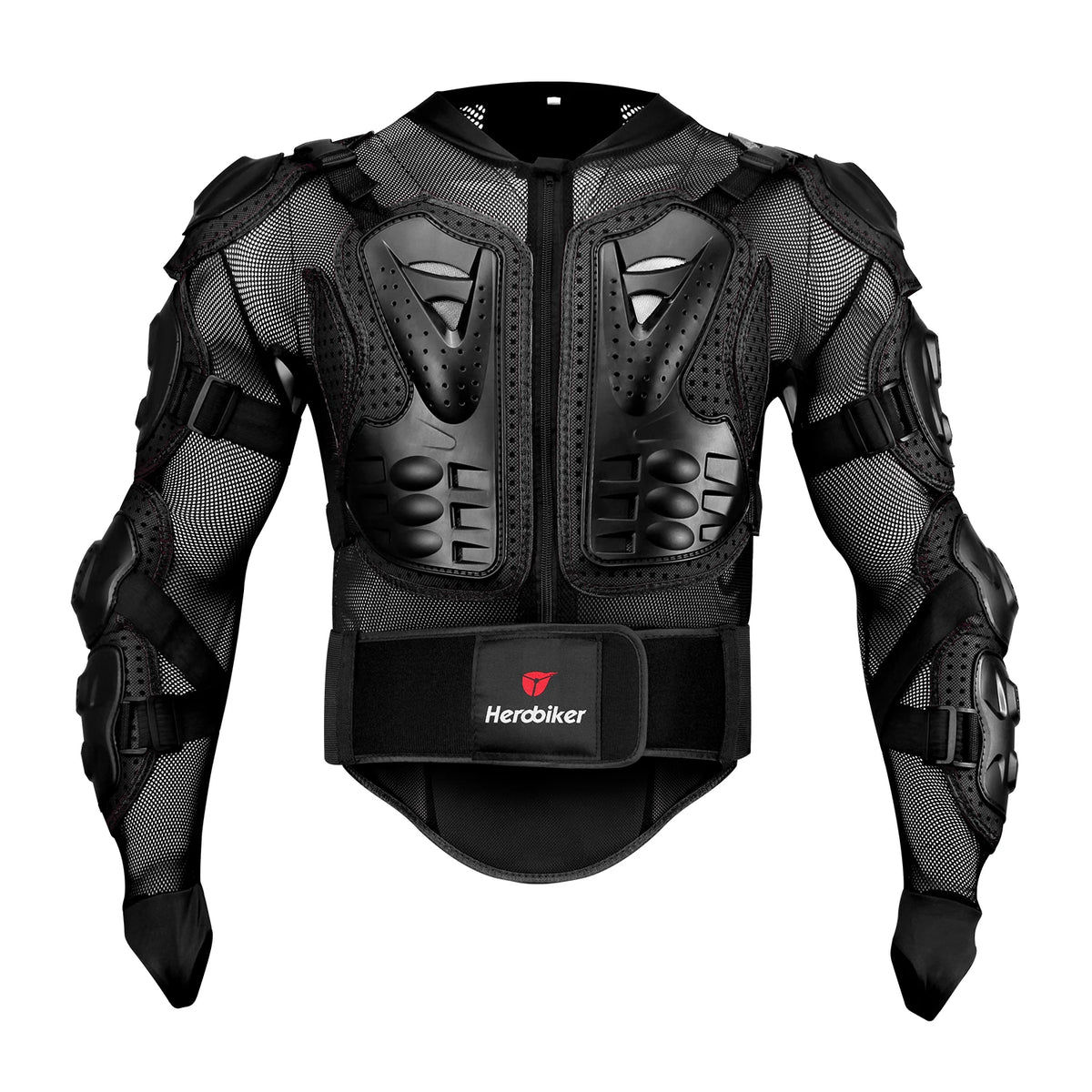 Black heavy-duty motocross riding jacket with mesh and armored panels