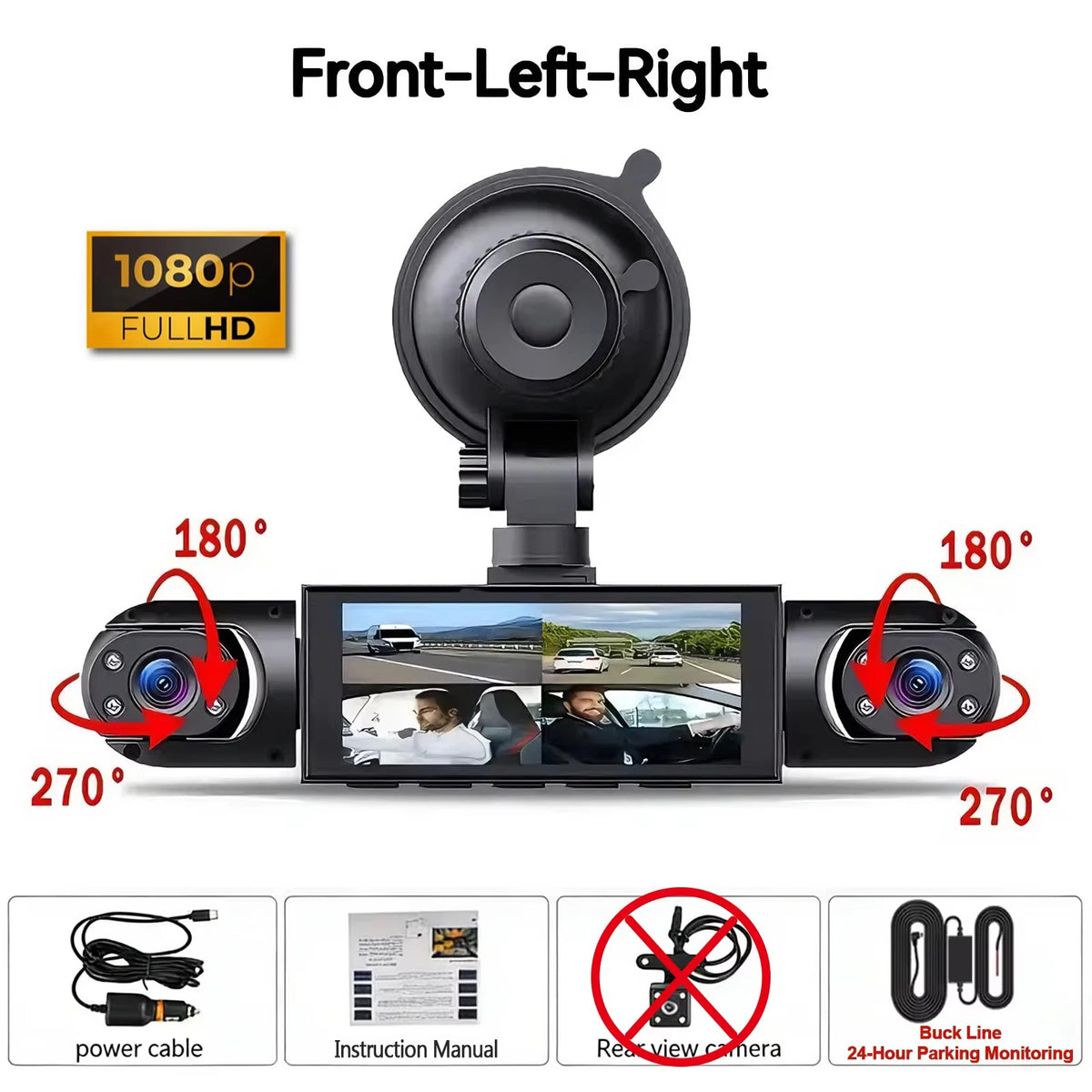 Vue de face, gauche et droite d'une caméra dashcam 1080p avec options de couverture à 180 et 270 degrés.