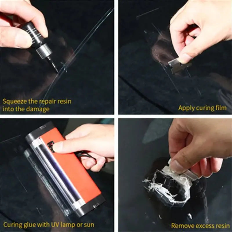 Step-by-step guide showing how to use a Universal Car Glass Crack Repair Kit for applying and curing repair resin