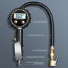 A digital tire pressure gauge with a black hose and various connectors shown against a gray background.
