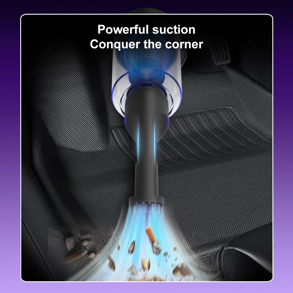 A high-RPM brushless air blower is shown forcefully cleaning debris from a car's corner with a bright blue light.
