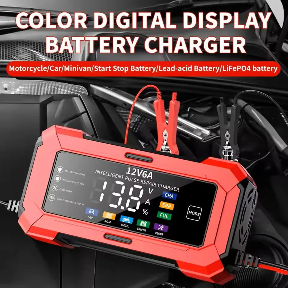 A red digital battery charger is shown plugged into a car engine bay, designed for motorcycle or car batteries.
