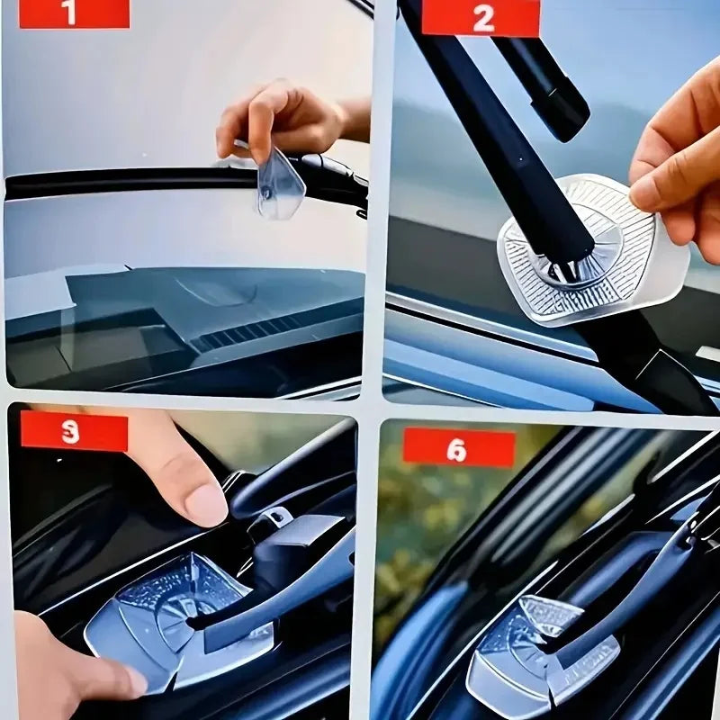 Close-up images showing the installation and use of anti-leak wiper arm hole covers on a car windshield.