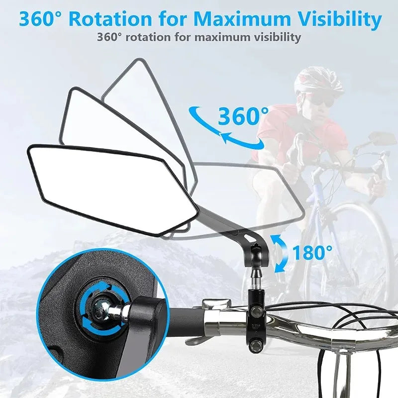 A motorcycle rearview mirror demonstrating 360 degree rotation for maximum visibility.
