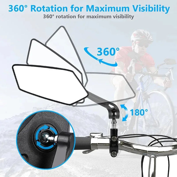 A motorcycle rearview mirror demonstrating 360 degree rotation for maximum visibility.