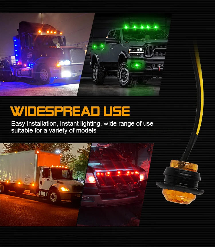 Un jeu de feux de position latéraux LED installés sur divers véhicules, dont un camion et un pick-up.