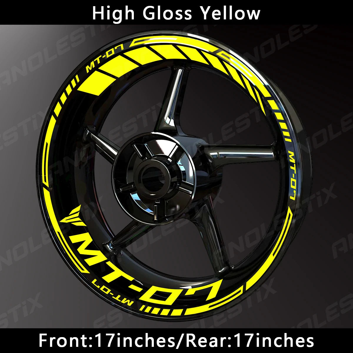 High Gloss Yellow motorcycle wheel decals for Yamaha MT-07 featuring a black spoke design.