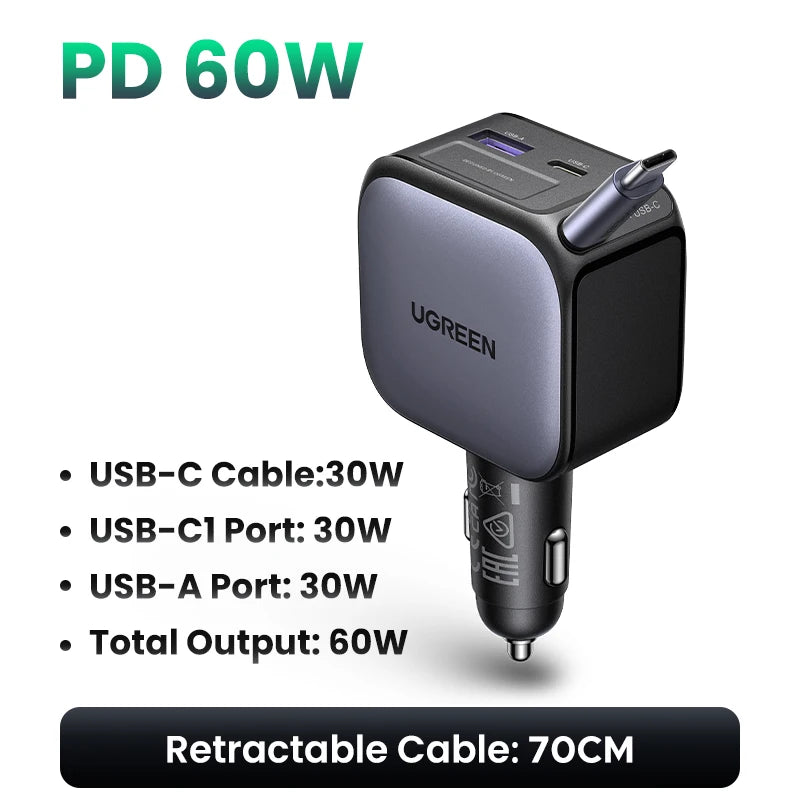 A black UGREEN PD 60W multi-port car charger with USB-C, USB-C1, and USB-A ports and a retractable cable.